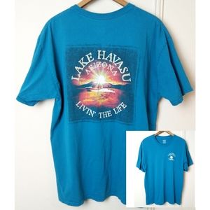 Vintage Lake Havasu Crew Neck Graphic Tee Teal Chest & Back Graphic Size XL